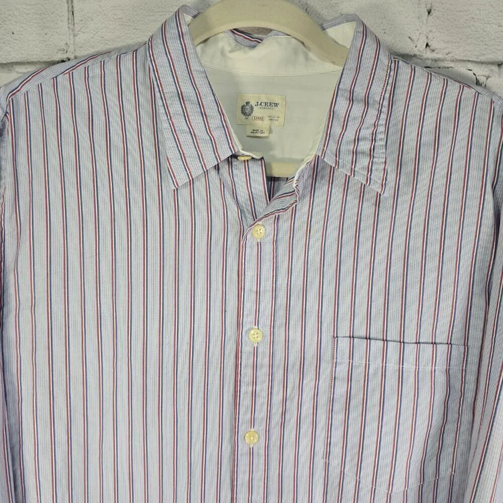 J. CREW MENS BUTTON DOWN LONG SLEEVE SHIRT BLUE STRIPED WHITE CUFF SIZE LARGE